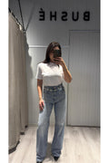 GRİMSİ MAVİ YÜKSEK BEL JEANS