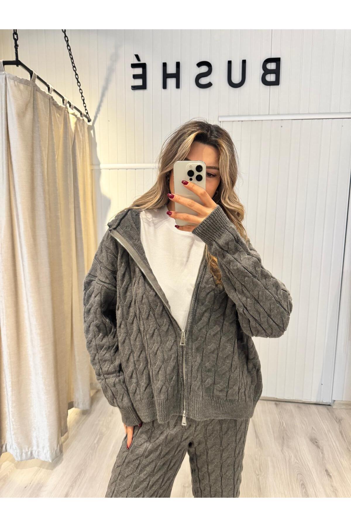 ÖRGÜ GRİ KAPŞONLU HIRKA TAKIM