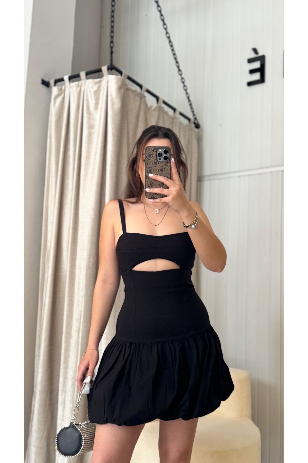 SİYAH ASKILI BALON ELBİSE